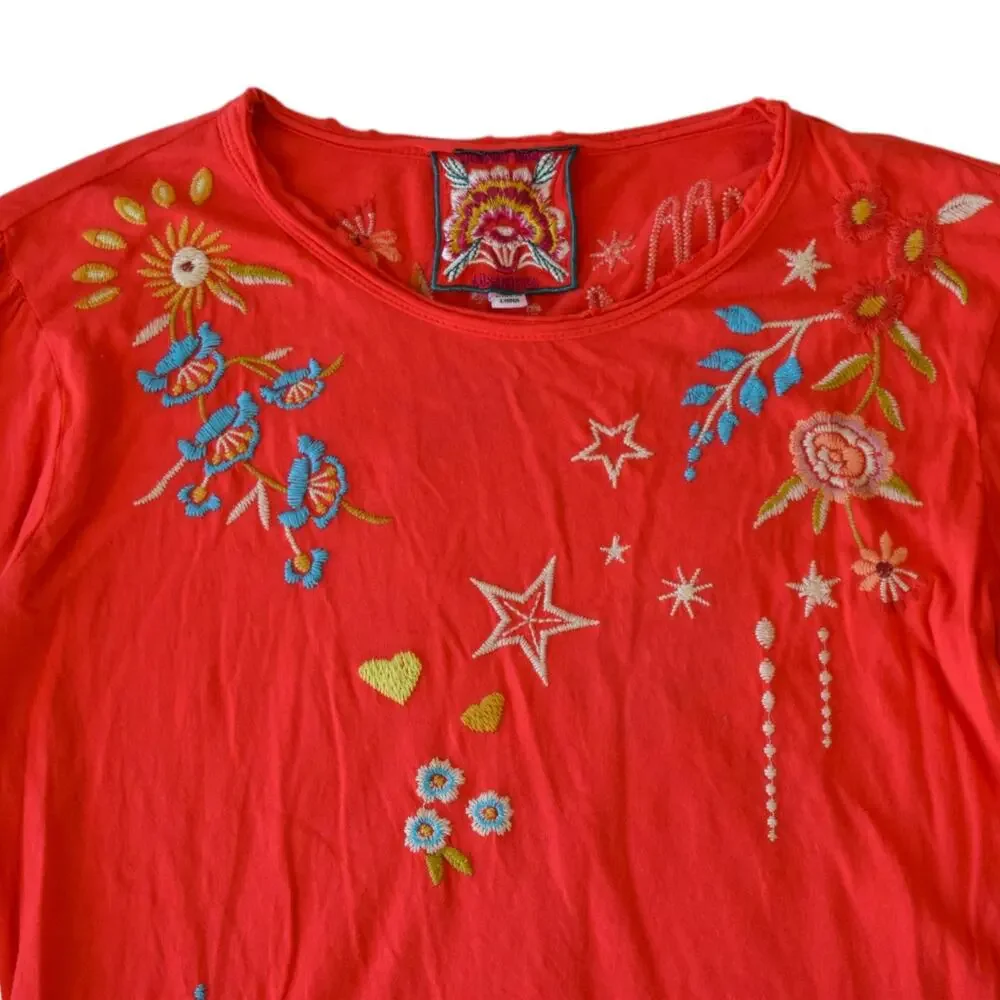 Johnny Was Maris Red Embroidered Puff Sleeve Cotton Knit Boho Tee Shirt XS
